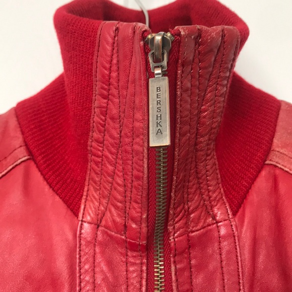 Much Loved Bershka 100% Red Leather Jacket - Picture 2 of 8